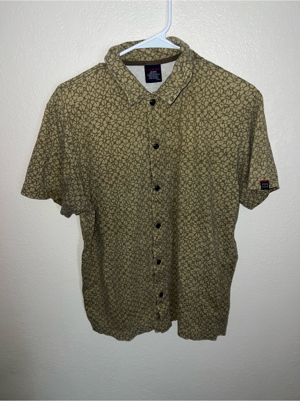 Tommy Hilfiger Olive Green Short Sleeve Button-Down with Geometric Print